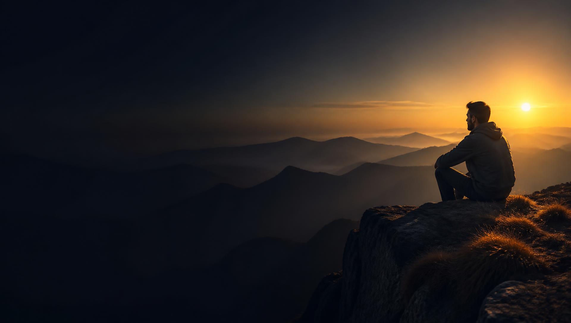 Suraj Srivastava sitting on a cliff looking out over misty mountains at sunrise