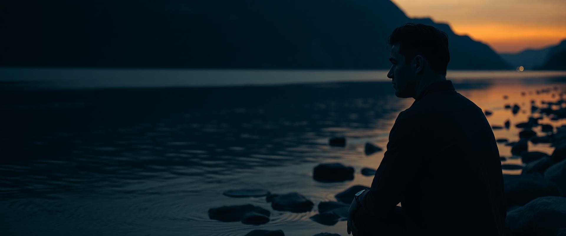 Suraj Srivastava sitting by a calm river at dusk, seen in profile