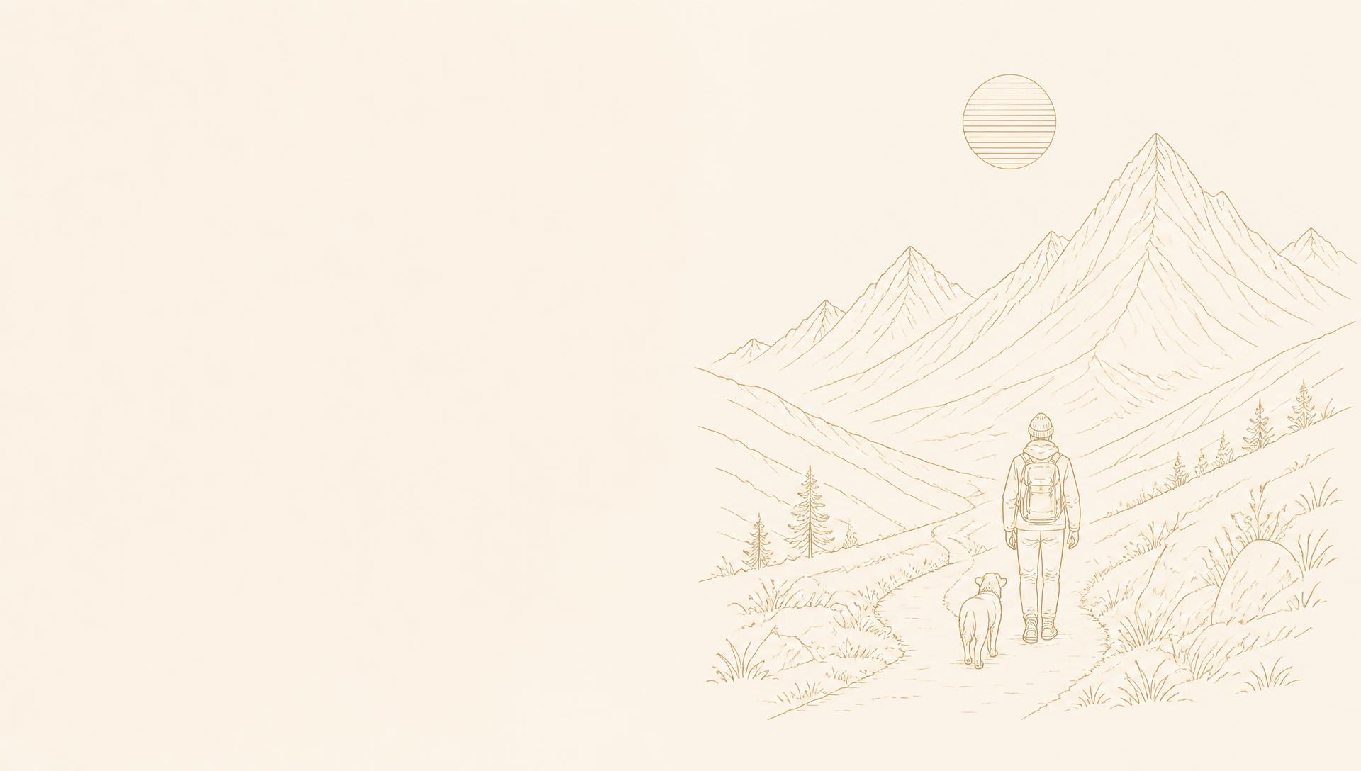 Line drawing of a lone traveller walking a winding path toward mountains at sunrise