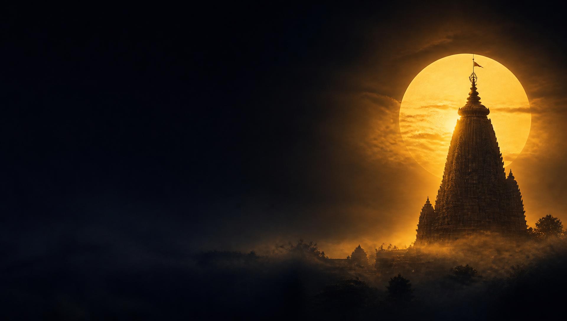 Silhouette of an Indian temple against a giant golden sun