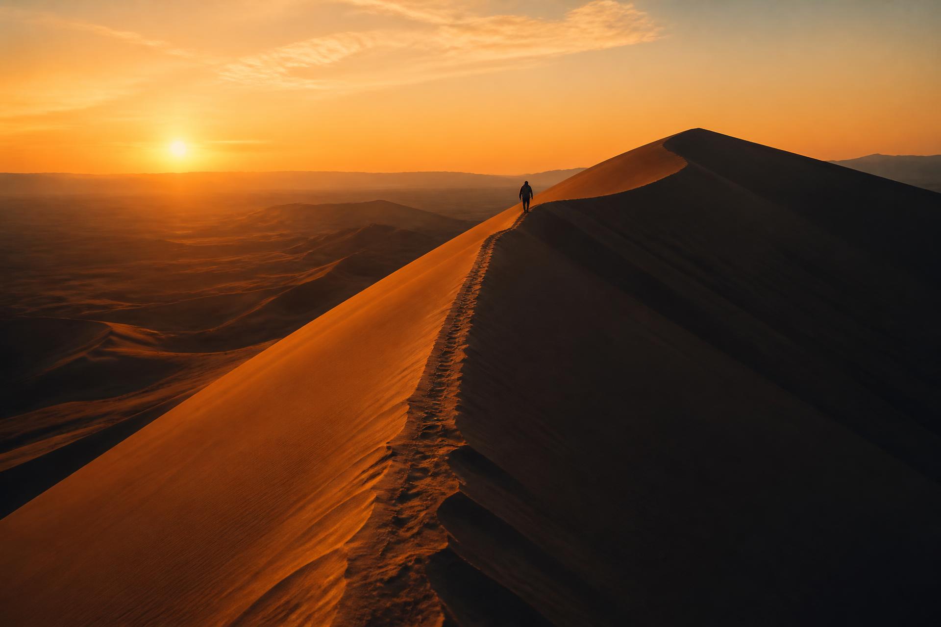 A lone figure walking a dune ridge at sunrise