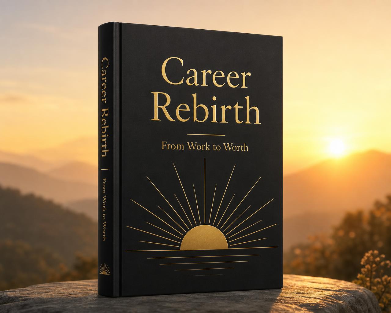 Career Rebirth: From Work to Worth — hardcover book on a sunrise backdrop