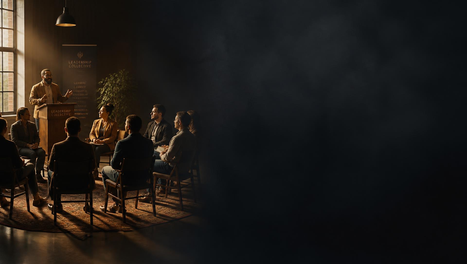 A speaker addressing a circle of participants in a warmly lit workshop room
