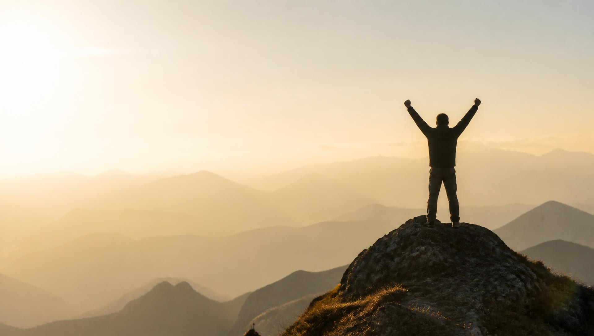 A person standing on a summit with arms raised above misty mountain ranges