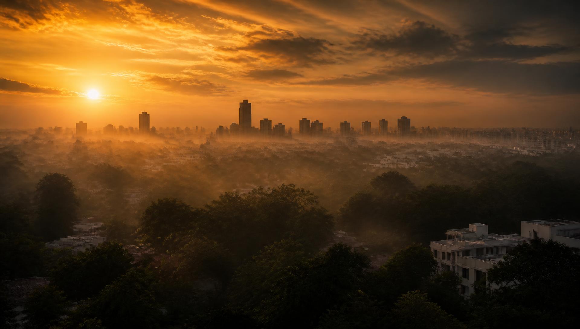 Golden sunrise over the misty Bengaluru skyline