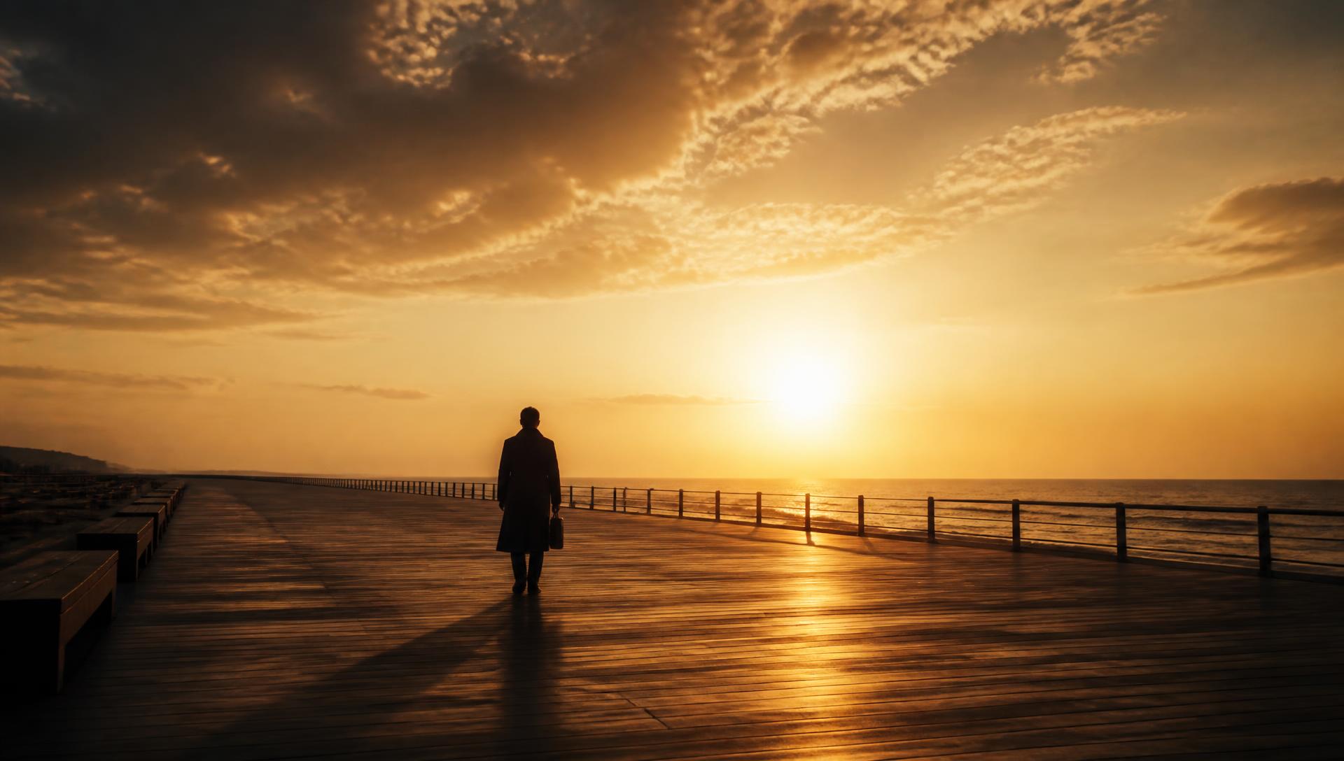 A man with a briefcase walking a boardwalk toward the sunrise