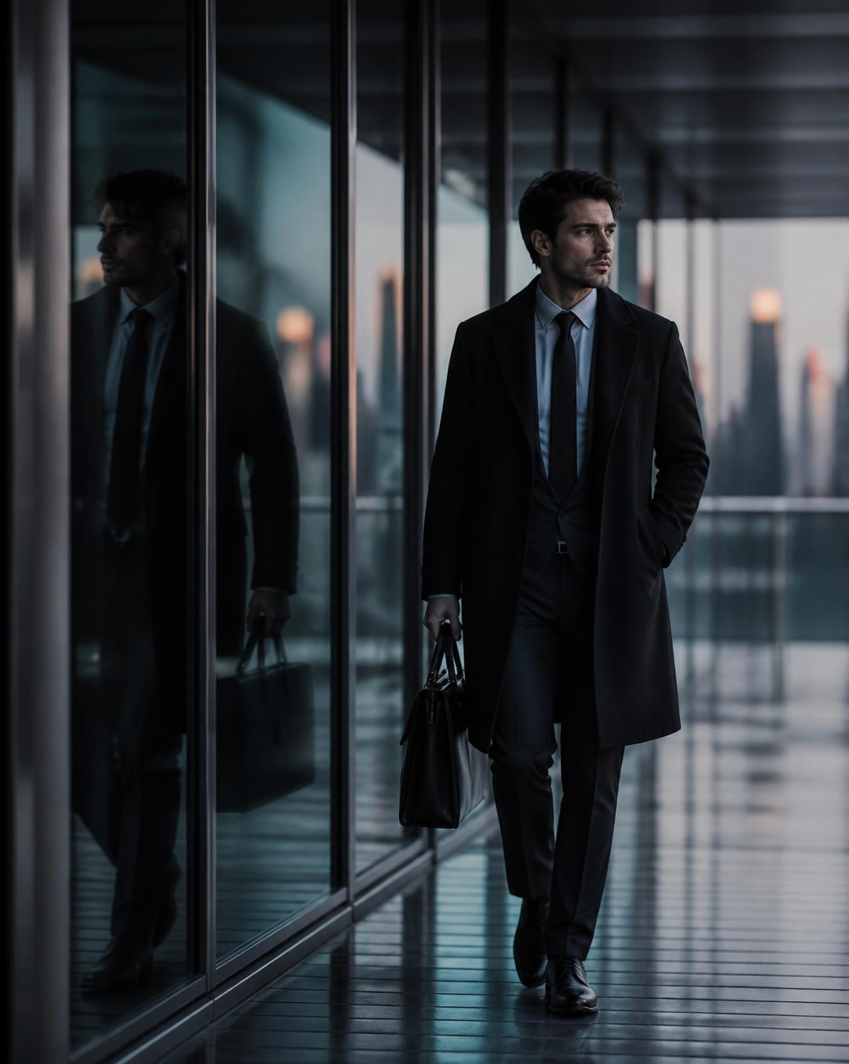A young professional in a coat with a briefcase walking a glass office corridor at dawn