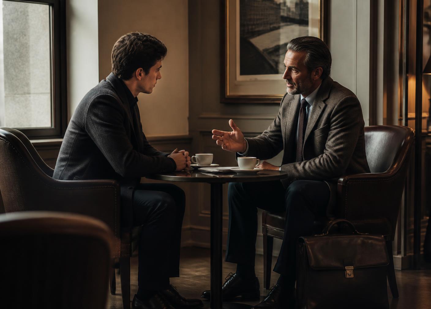 A coach in conversation with a young professional across a small table