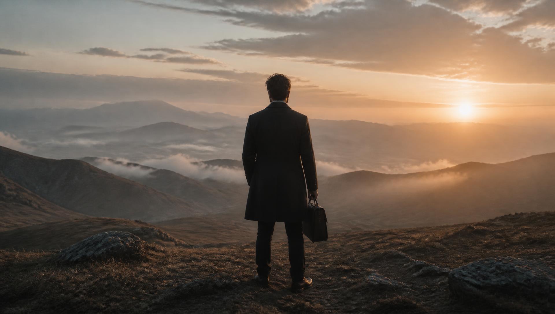 A man in an overcoat with a briefcase standing on a misty ridge at sunrise