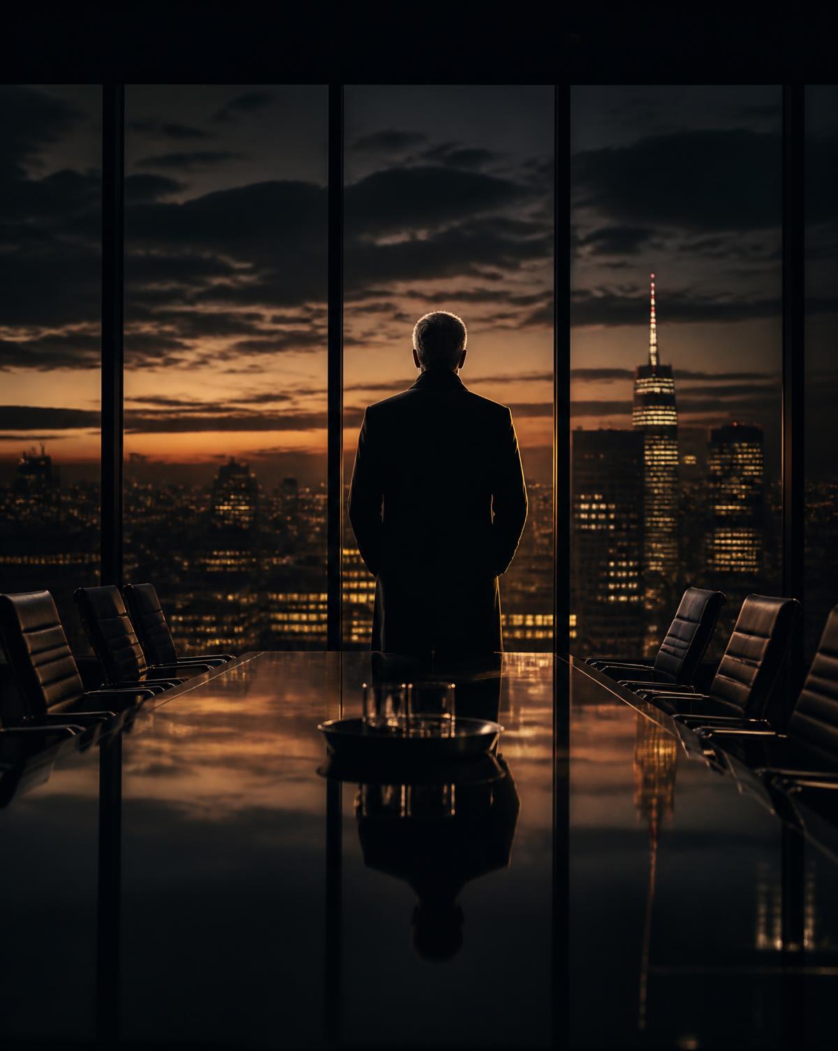A senior leader silhouetted in an empty boardroom above a city at dusk