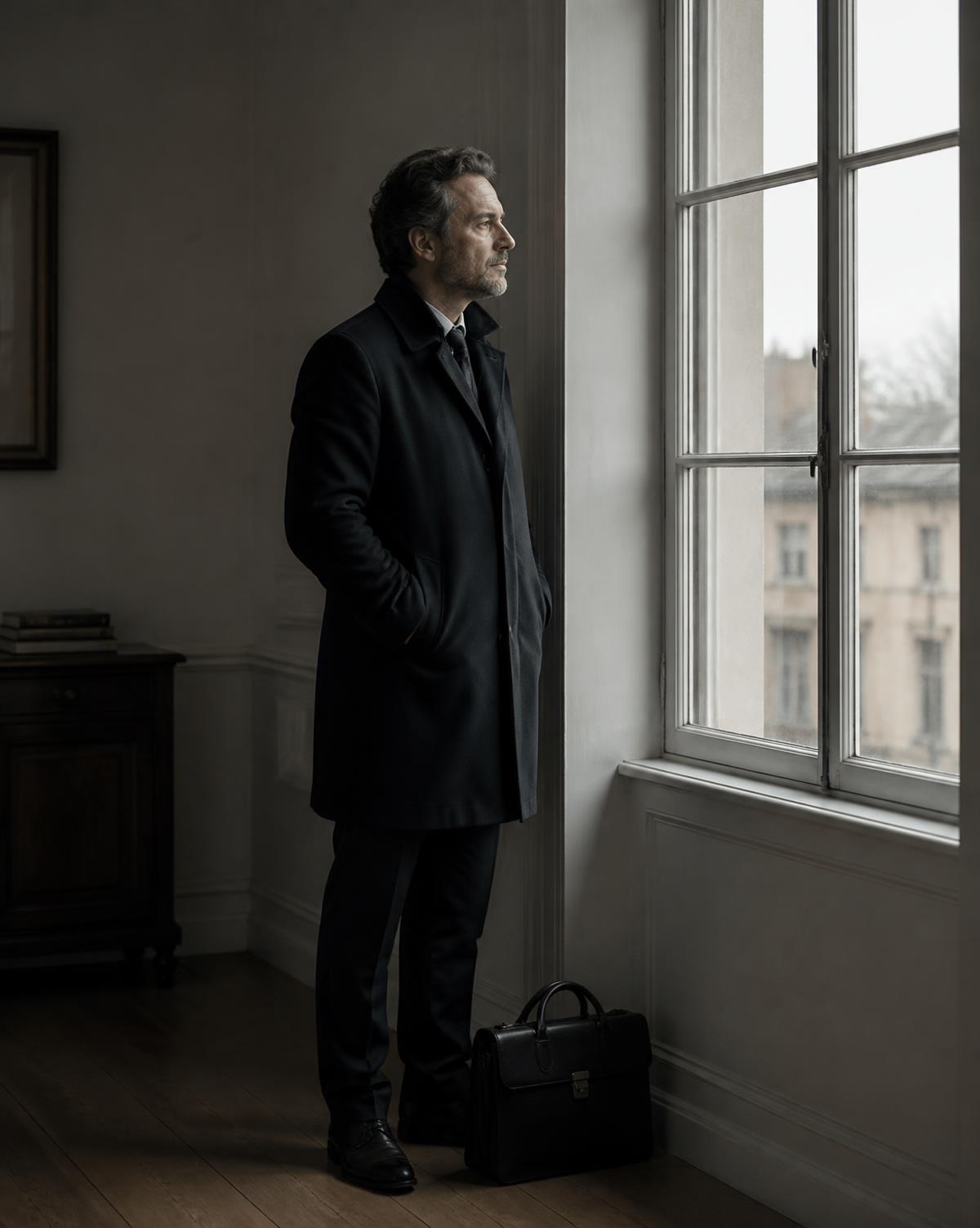 A mid-career man in a dark coat looking out of a tall window, briefcase at his feet