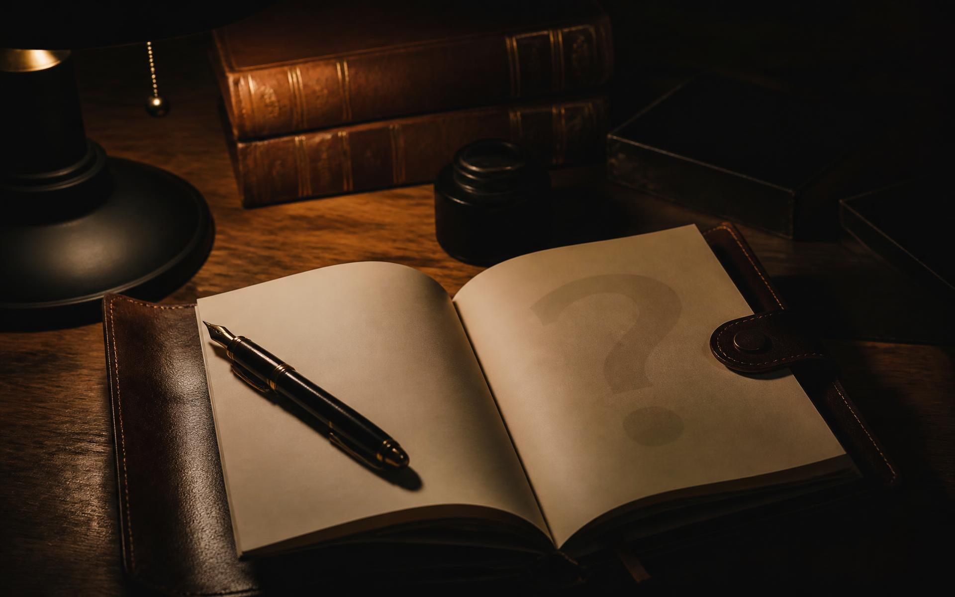 An open journal and fountain pen on a dark desk under a warm lamp