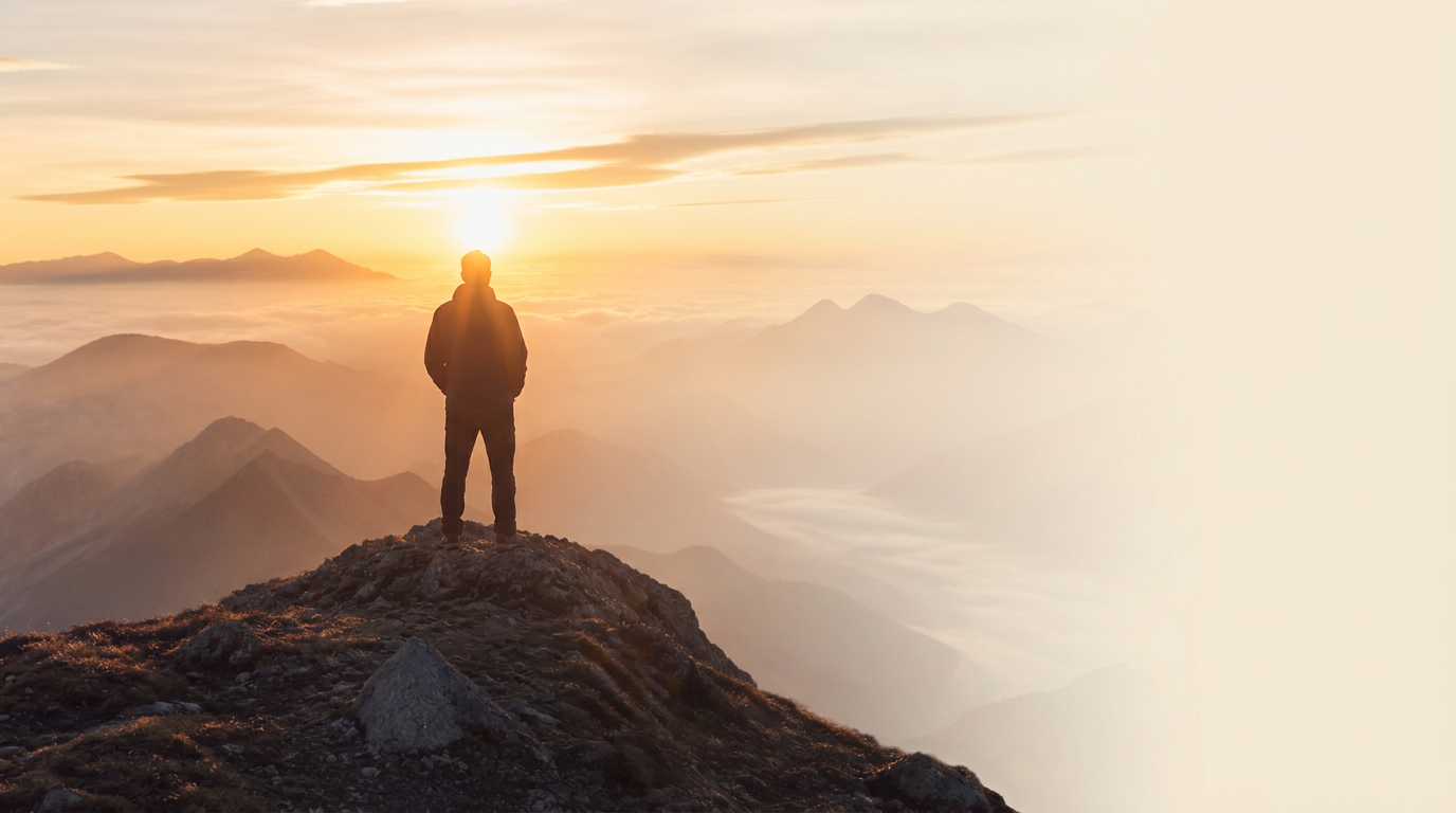 A man standing on a mountain summit watching the sunrise