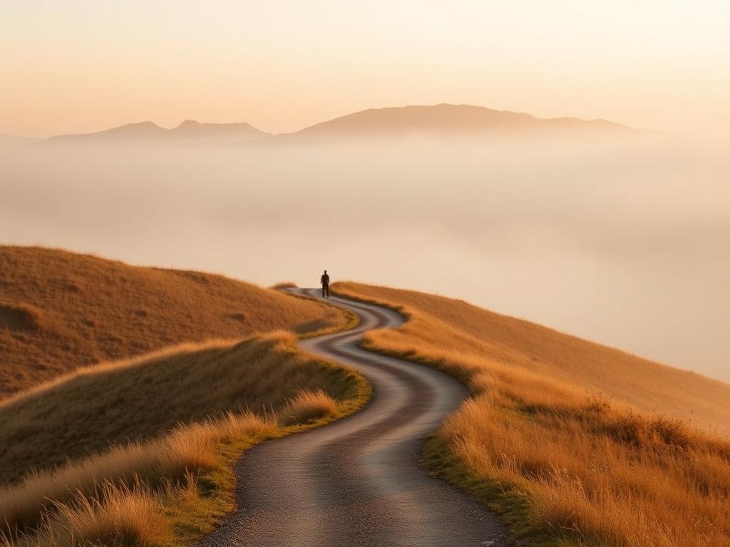 A winding path through misty golden morning hills