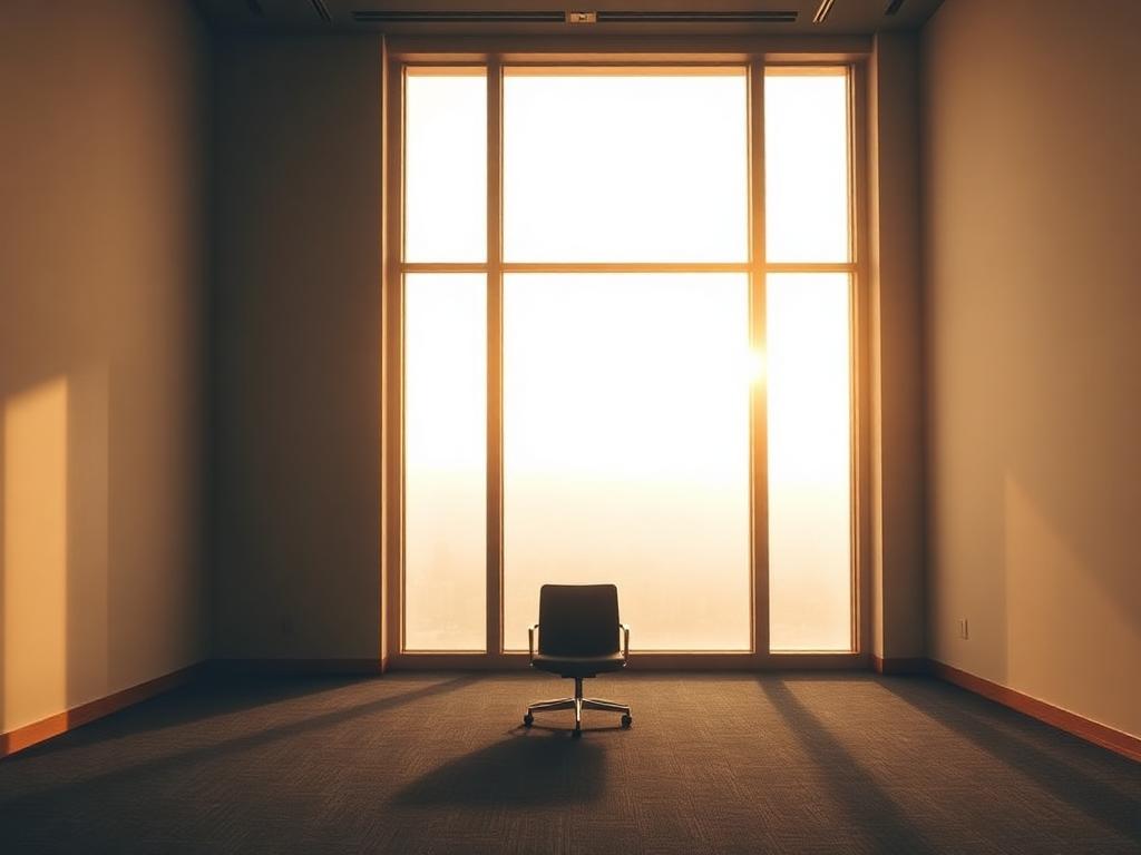 An empty room with warm morning light through tall windows