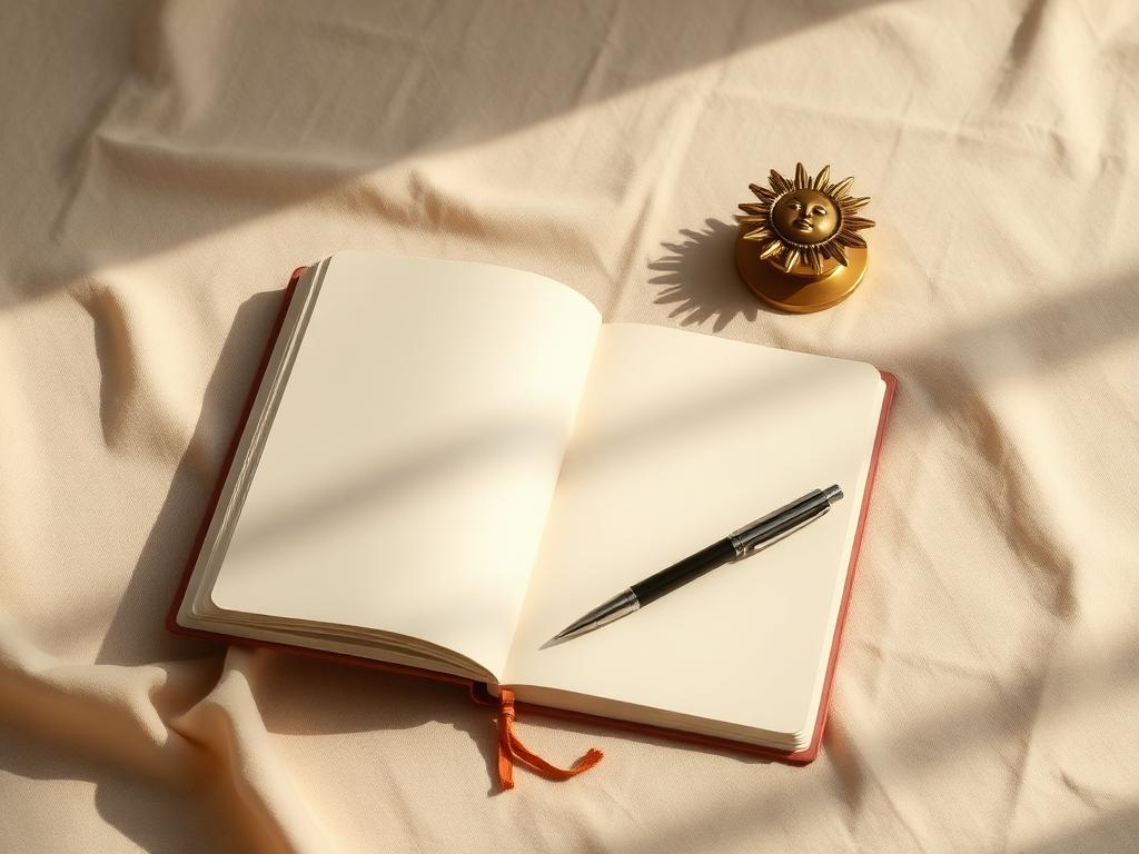 An open blank journal and pen in soft morning light