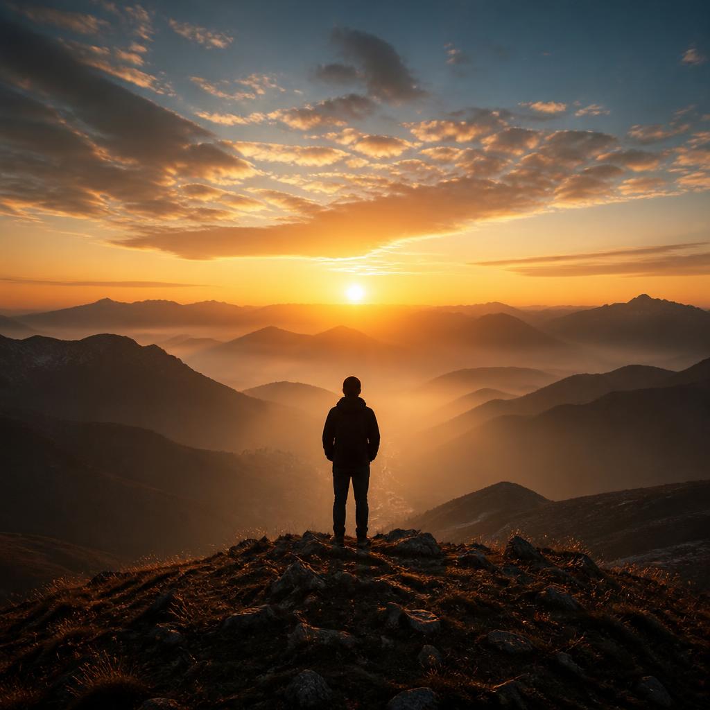 A lone figure standing on a mountain ridge at sunrise