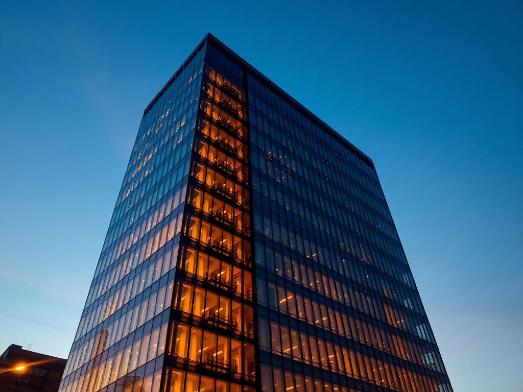 A modern glass corporate tower with warm glowing windows at dusk