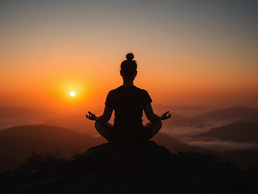 A person meditating on a rocky hilltop facing a golden sunrise over misty mountains