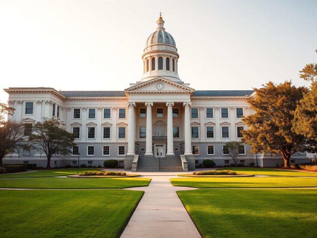 A grand classical university building with tall columns across a manicured lawn